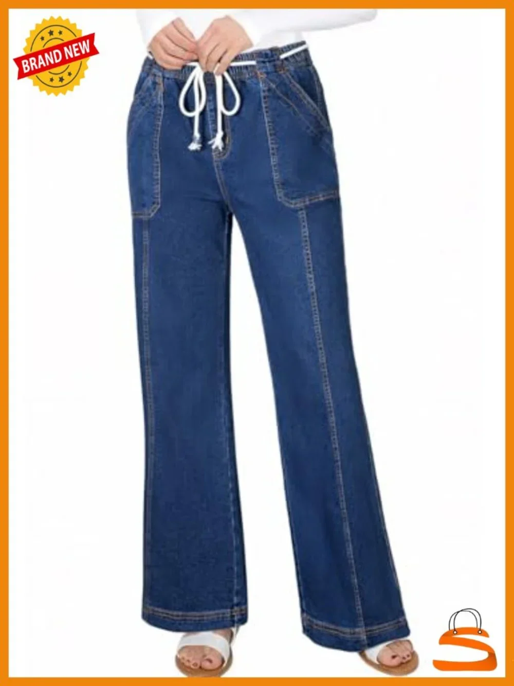 Wide Leg High Waisted Drawstring Straight Leg Jeans with Pockets